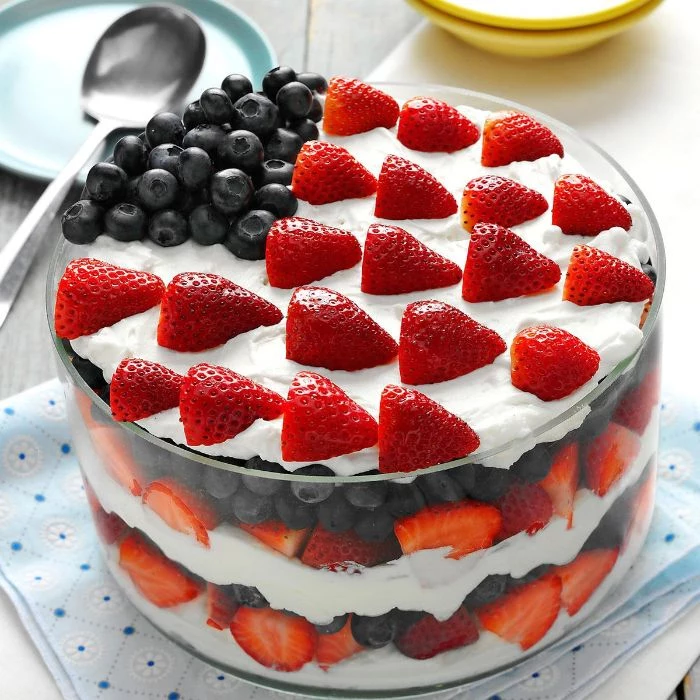 trifle with strawberries blueberries cream cheese layers fourth of july desserts decorated as the american flag
