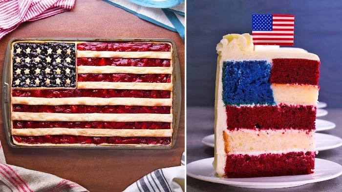 two side by side photos 4th of july food ideas american flag cake and strawberry pie