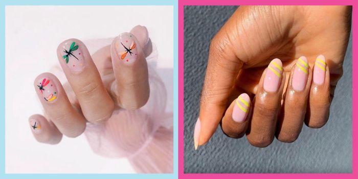 two side by side photos of nails with nude nail polish summer nail designs decorations with yellow lines and fireflies