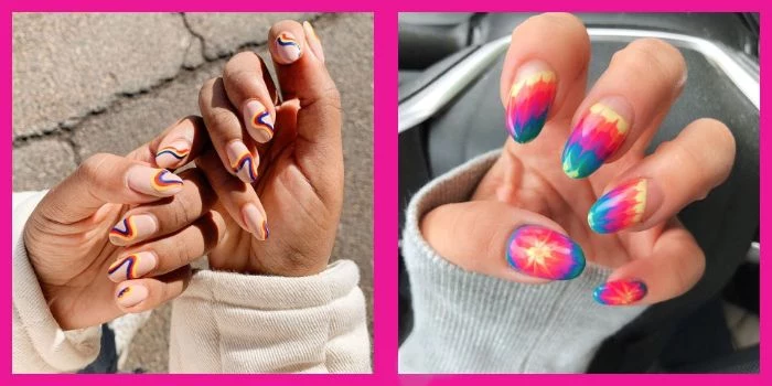 two side by side photos summer nail designs 2021 abstract nails and tie dye nails with almond shape