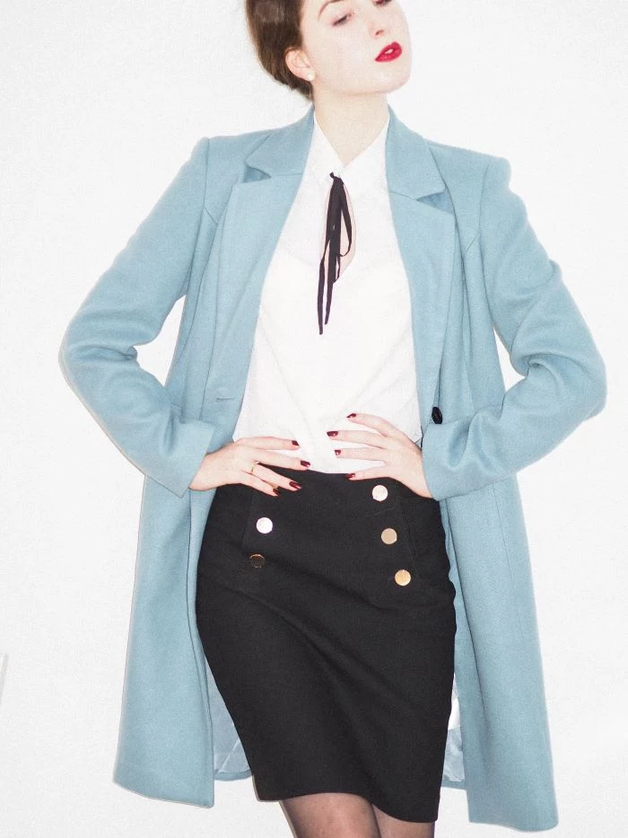 woman wearing black skirt white blouse women fashion for summer 2021 blue pastel coat