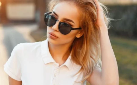 women fashion for summer 2021 woman with blonde hair wearing sunglasses white t shirt