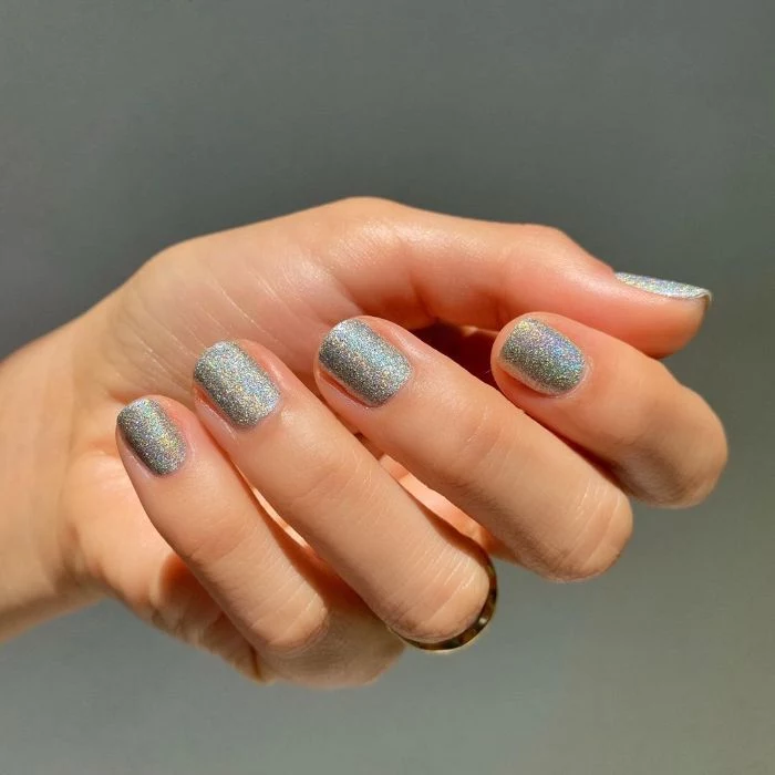 acrylic nail designs chromatic silver glitter nails polish on very short square nails