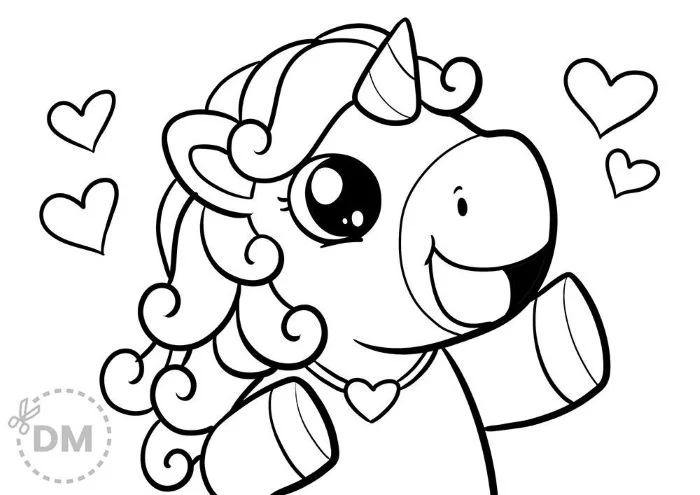 baby unicorn surrounded by hearts creative coloring pages in black and white