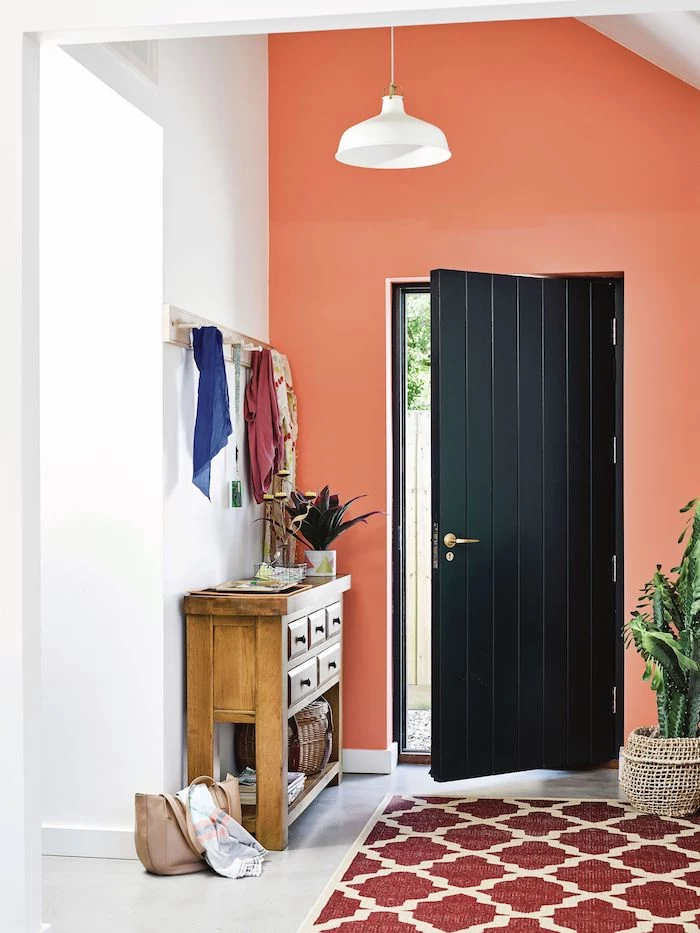 black door entryway design ideas orange accent wall wooden cupboard hanger above it