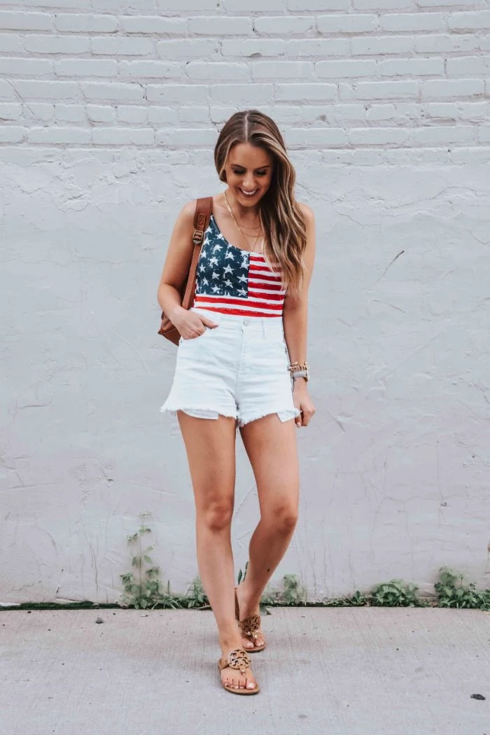 blonde woman wearing white denim shorts baby girl 4th of july outfit american flag top