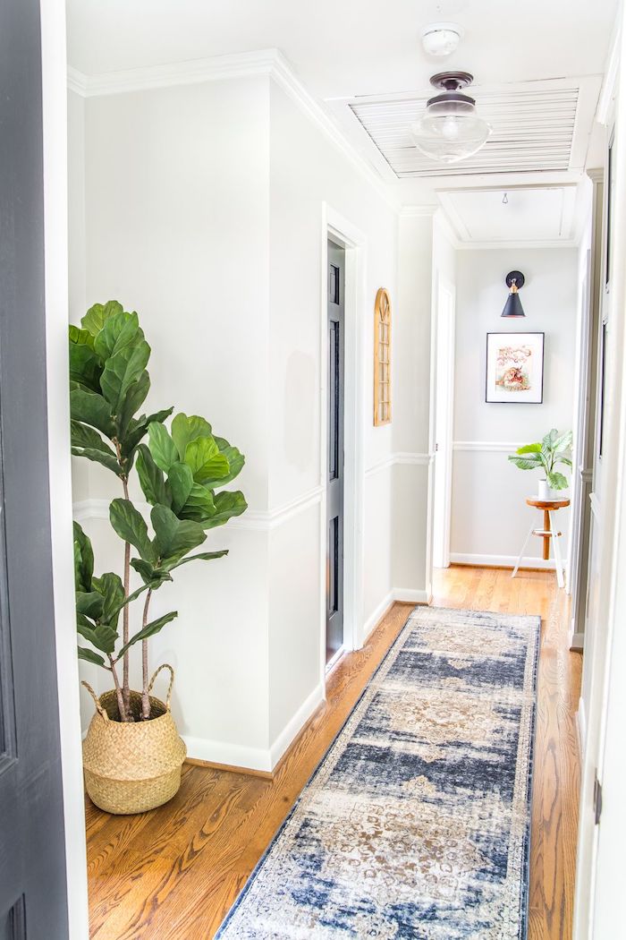 blue vintage rug on wooden floor hallway wall decor ideas blue door with white walls potted plants