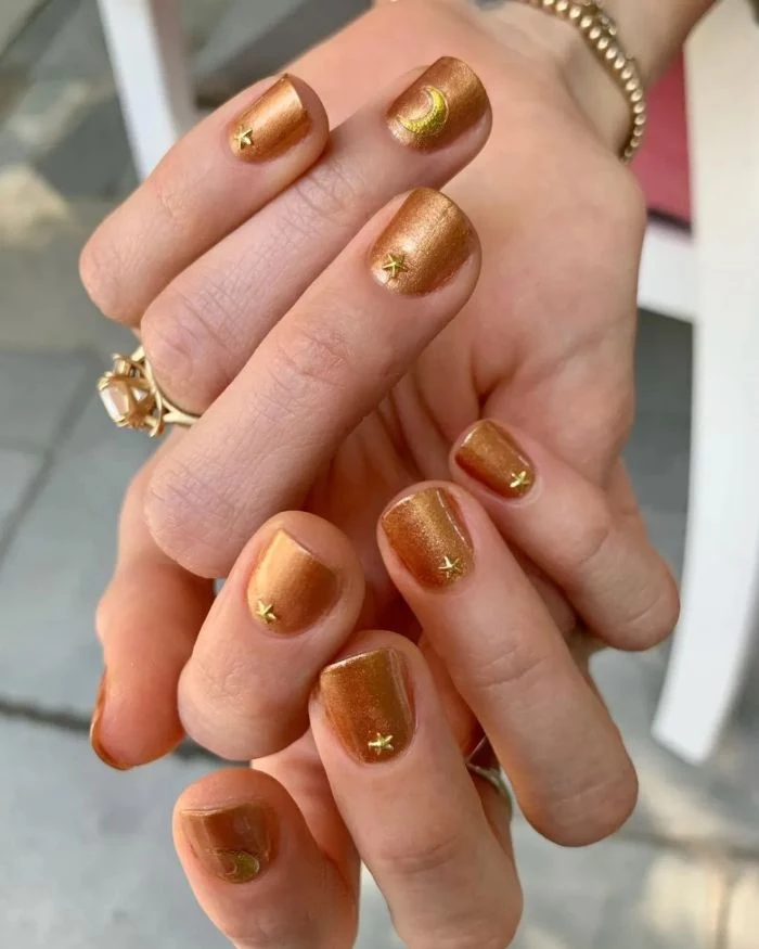 copper gold nail polish on short square nails short nail designs stars and moons decorations