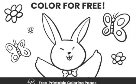 creative coloring page in black and white of bunny surrounded by flowers butterflies