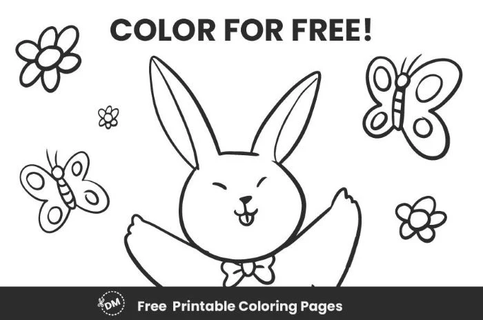 creative coloring page in black and white of bunny surrounded by flowers butterflies