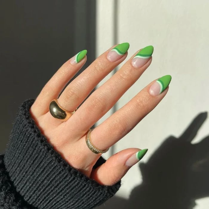 cute nail designs half of nails painted in different shades of green medium length nails