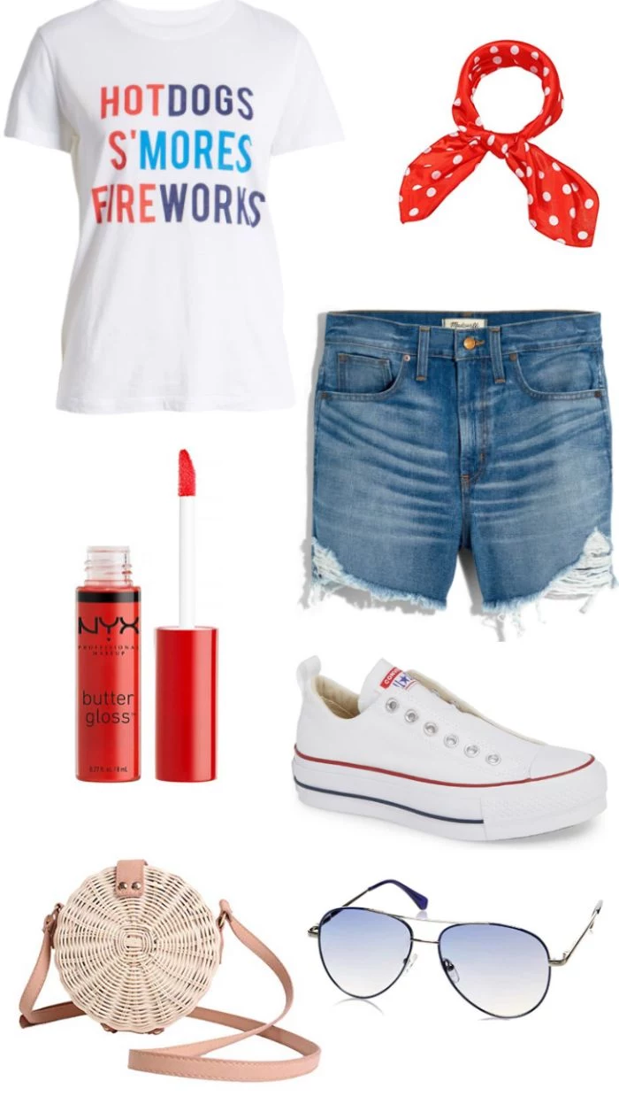 denim shorts white t shirt 4th of july outfits converse sneakers red scrunchie sunglasses bag red lip gloss