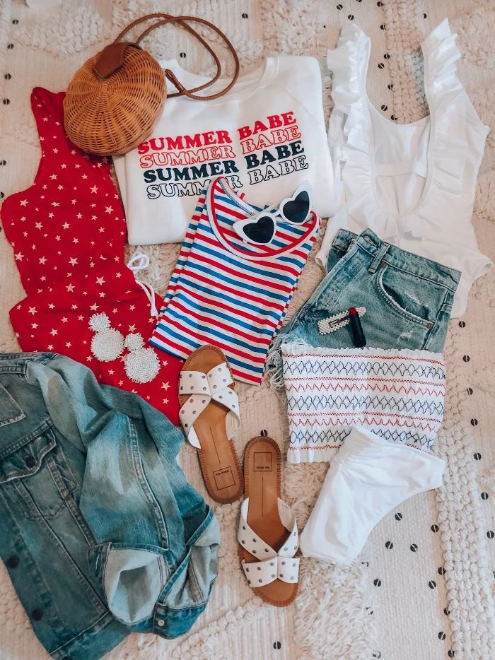 different pieces of clothing 4th of july shirts denim shorts jacket white red blue t shirts dress