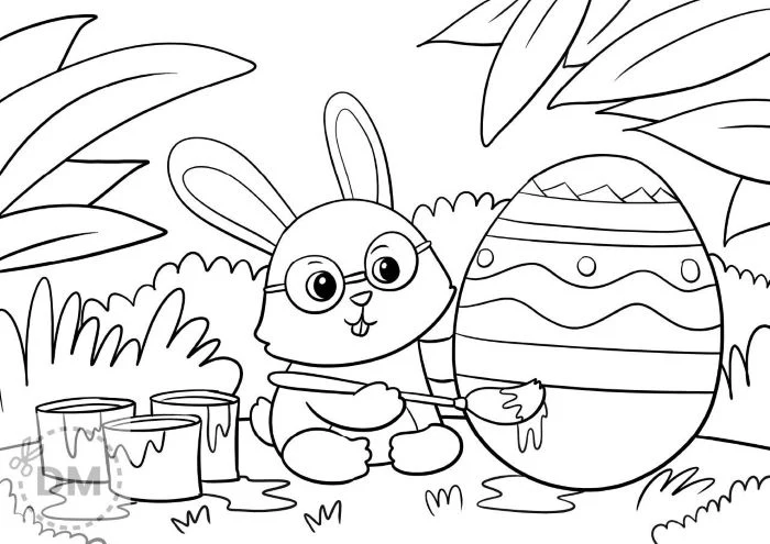easter coloring page creative coloring bunny painting egg paint buckets next to it