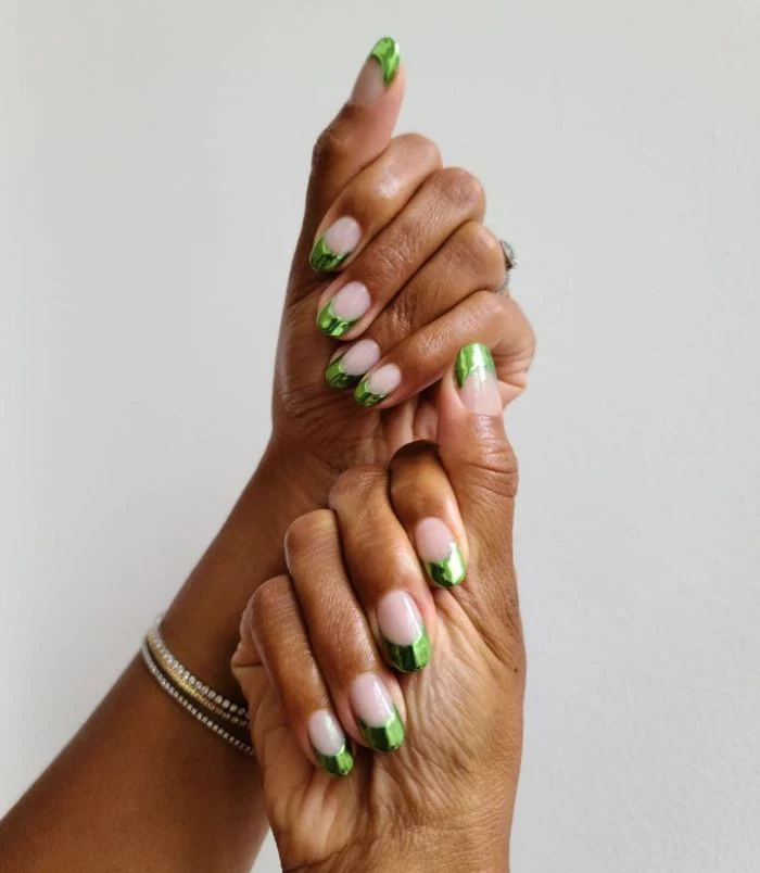 emerald green french manicure made with foil nail designs 2021 medium length nails