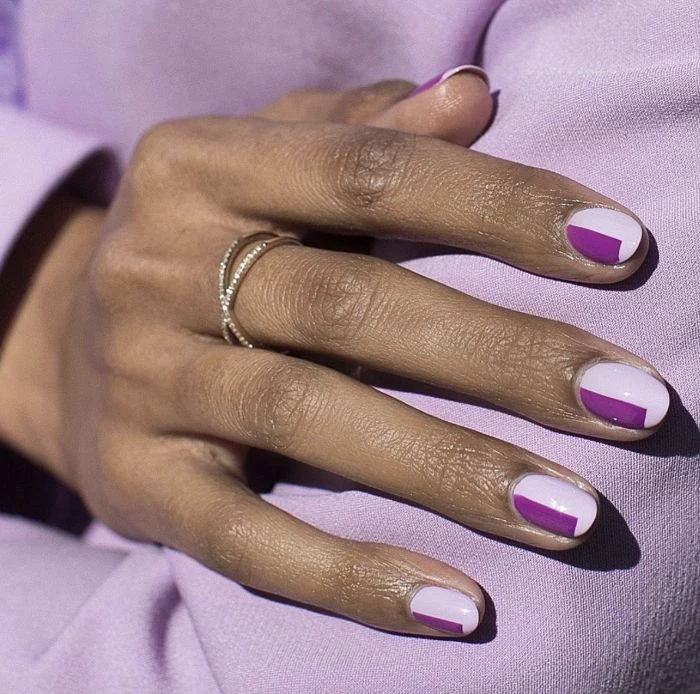 gel nail designs dark purple squares decorations on light purple nail polish short almond shaped nails