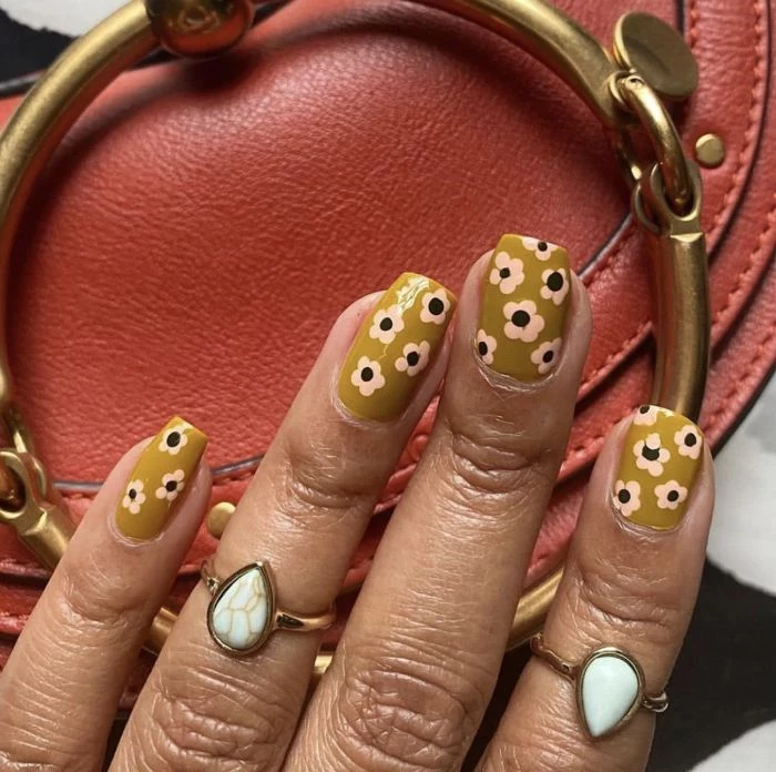 green nail polish with pink flower decorations acrylic nail ideas medium length square nails