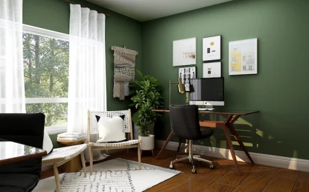 green walls in home office working from home desk with black leather chair mac computer on it