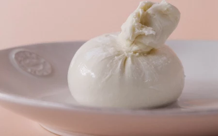italian burrata cheese wrapped in fine fabric placed on white paper on pink background