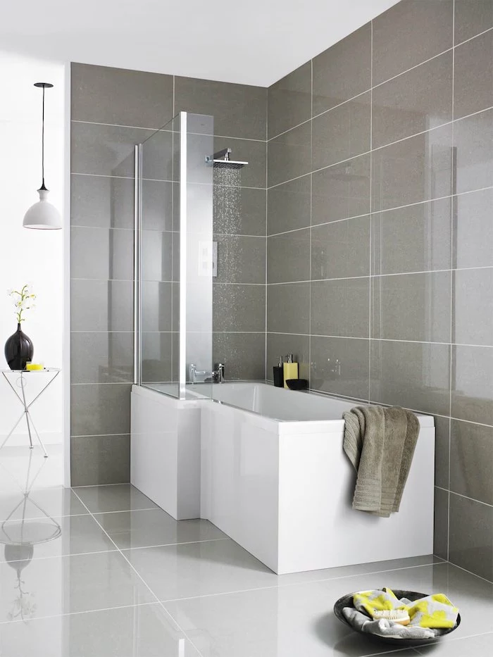 l shaped shower bath ideas large gray tiles glass partial enclosing large white tiles on the floor