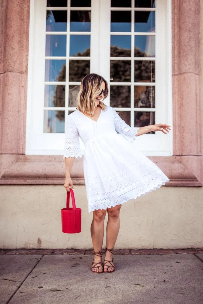 lace white dress brown leather gladiator sandals red bag 4th of july shirts worn by blonde woman with sunglasses