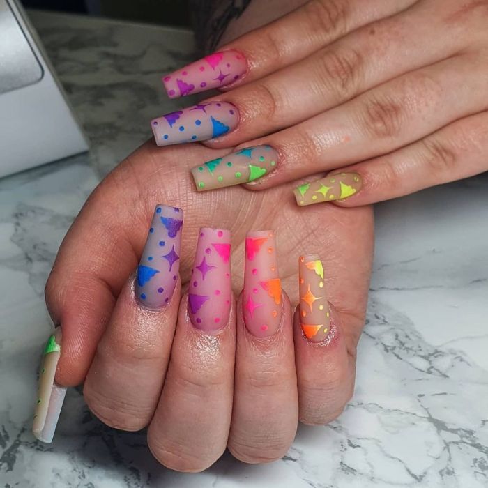 long coffin nails with nude nail polish cute nail designs neon rainbow clouds and stars decorations