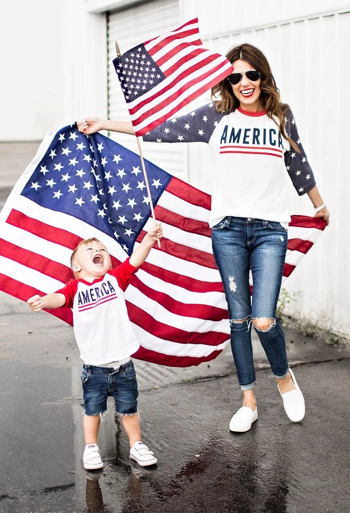 mom and son holding american flags 4th of july shirts for women wearing jeans america blouses