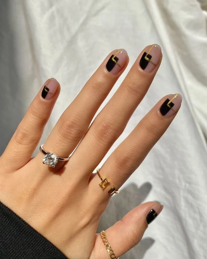 nail designs 2021 short squoval nails with negative space black squares gold lines