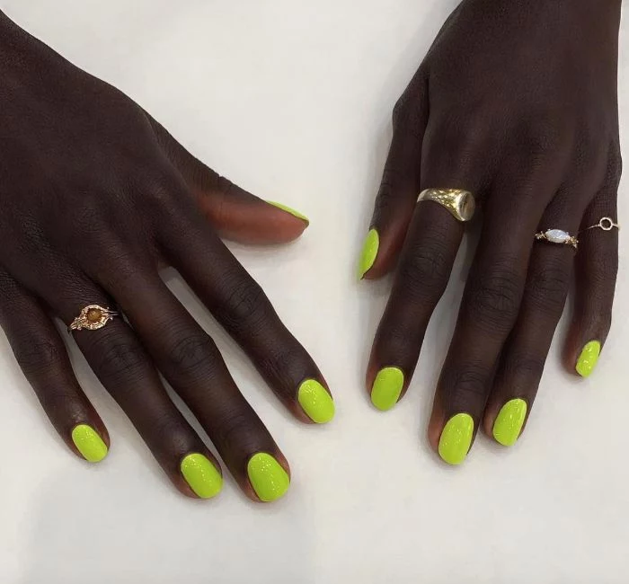 neon green nail polish on each nail nail design ideas short squoval nails