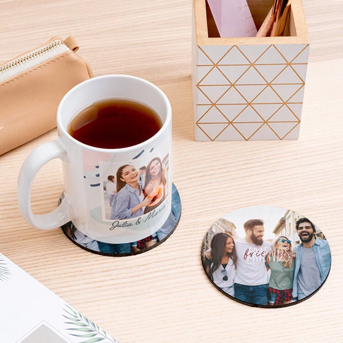 personalise your home personalised coasters with photo of four friends placed on wooden table