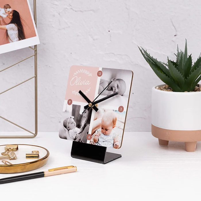 personalised table clock with photos of baby personalise your home placed on white wooden table