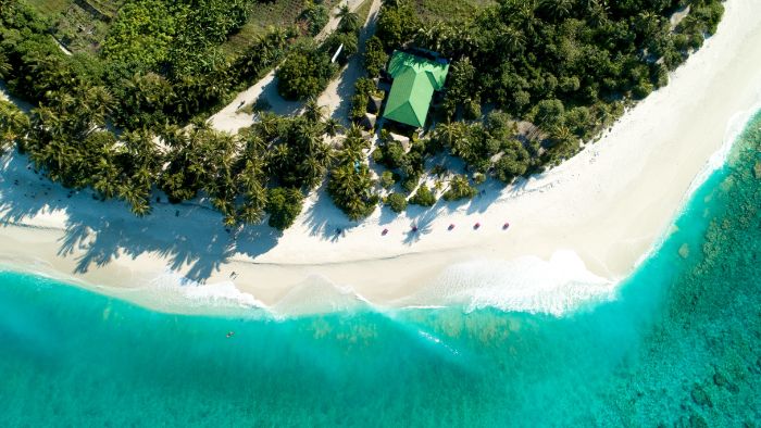 photo from above of beach surrounded by palm trees house in the middle iphone beach wallpaper turquoise water