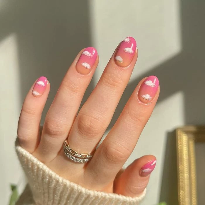pink and orange ombre nails acrylic nail ideas white clouds decorations