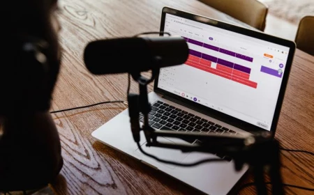 podcast setup on wooden table lifestyle podcast examples laptop and microphone on the table