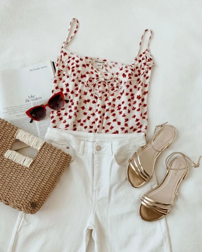 red and white top white jeans gold sandals 4th of july outfits for women laid out on white surface