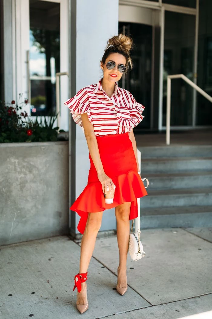 red skirt red and white striped blouse 4th of july shirts for women blonde hair in high messy bun