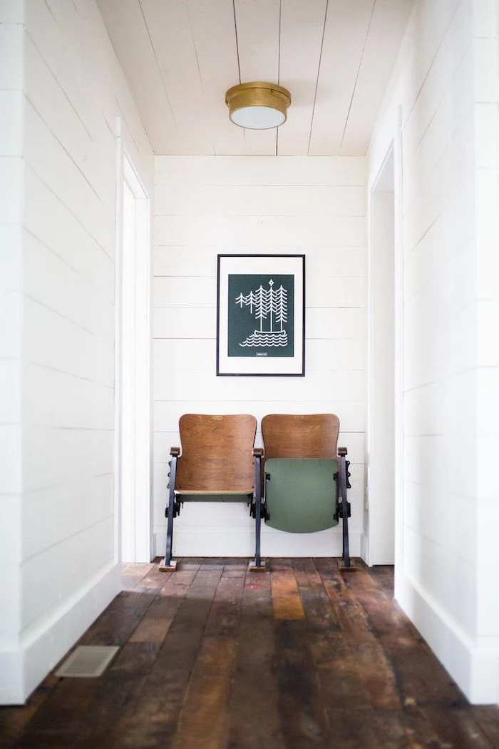 rustic decor hallway wall decor ideas vintage school chairs white shiplap on the walls vintage wooden floor