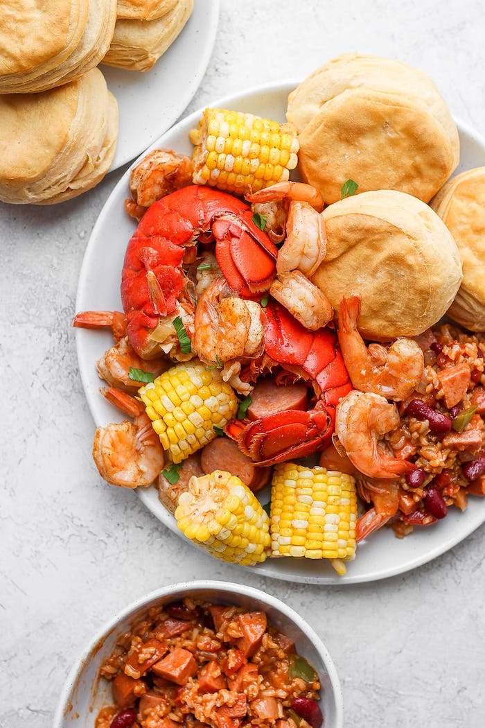 salad with beans rice how long to boil shrimp bread on the side of plate with corn on the cob sausages shrimp