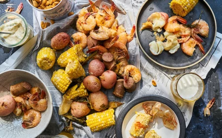 seafood boil recipe table with different plates on it boiled potatoes shrimp corn on the cob