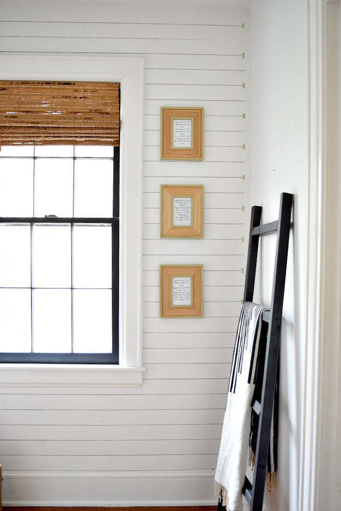 shiplap on the wall decorating ideas for entry hall three small framed quotes on the wall storage ladder