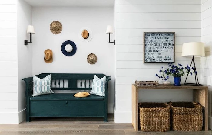shiplap on the walls entry way decorating ideas vintage bench in dark green with throw pillows hata hanging on the wall