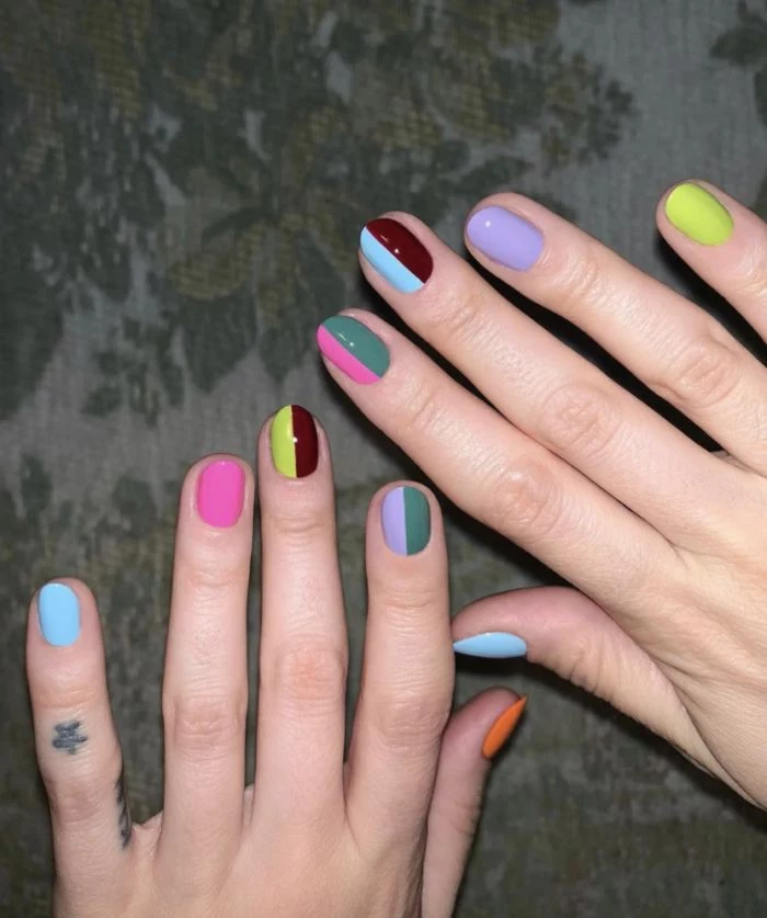 short nails with different colors on each nail spring nail designs yellow purple brown blue green pink orange