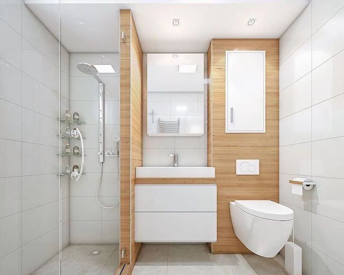 shower bath ideas bathroom with large white tiles shower with glass enclosing wooden details around the sink
