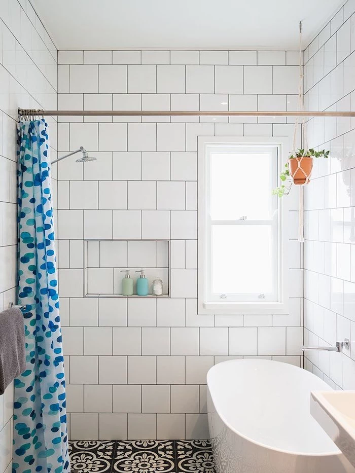 shower curtain in white with blue dots shower bath ideas white tiles on the walls black patterned tiles on the floor