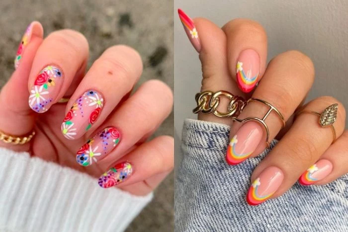 side by side photos of colorful spring nails cute short acrylic nails flowers and rainbow decorations