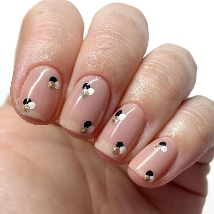 small black gold and white dots on nude nail polish on short nails summer nail designs