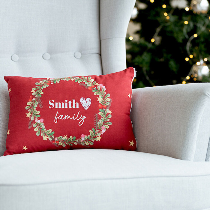 smith family personalised cushion personalise your home christmas wreath on it