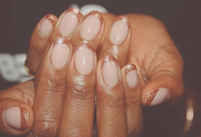 spring nail designs short nails with nude nail polish gold glitter french manicure