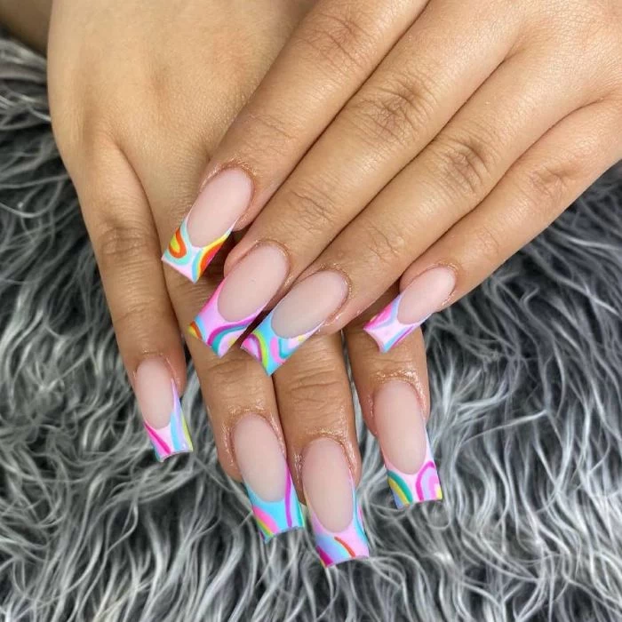 square nails with abstract french manicure nail design ideas matte finish on blue pink orange purple rainbows