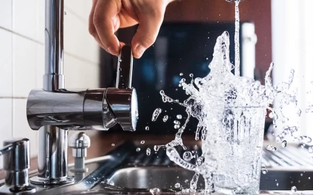 water splashing into glass placed next to sink professional plumbing services metal tap